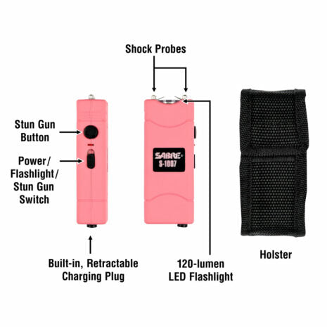 SABRE 2-IN-1 STUN GUN WITH FLASHLIGHT & BELT HOLSTER, 2.762 MICROCOULOMBS (ΜC) CHARGE, 120 LUMENS PINK