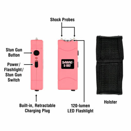 SABRE 2-IN-1 STUN GUN WITH FLASHLIGHT & BELT HOLSTER, 2.762 MICROCOULOMBS (ΜC) CHARGE, 120 LUMENS PINK